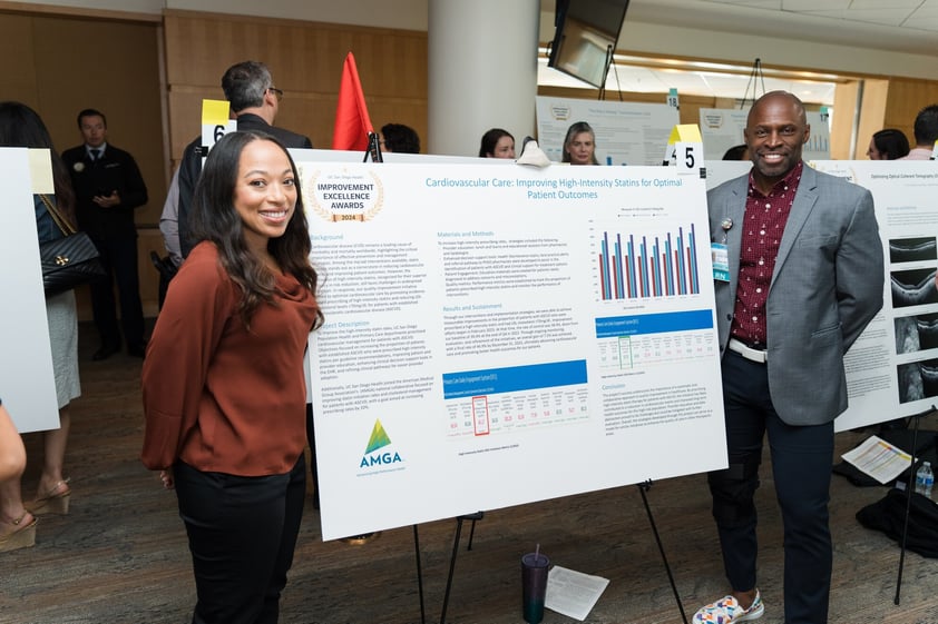 Two award recipients presenting their project titled 'Cardiovascular Care: Improving High-Intensity Statins for Optimal Patient Outcomes' at the 2024 Improvement Excellence Awards at UC San Diego Health.