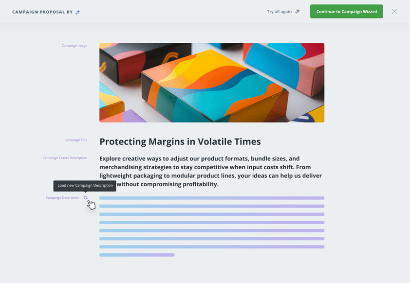 Screenshot of AI Campaign Coach proposing a retail campaign to optimize packaging and pricing. Shows auto-generated campaign title, teaser, image suggestion, and regenerating campaign description with user options to retry or continue.
