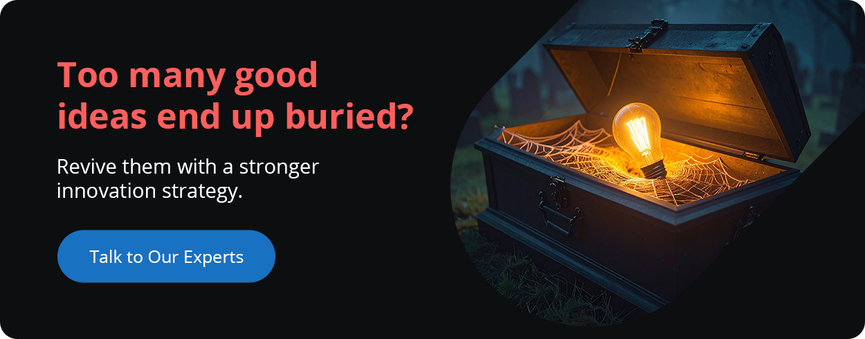 Flickering orange light bulb in a cobweb-covered coffin, representing buried innovation ideas.